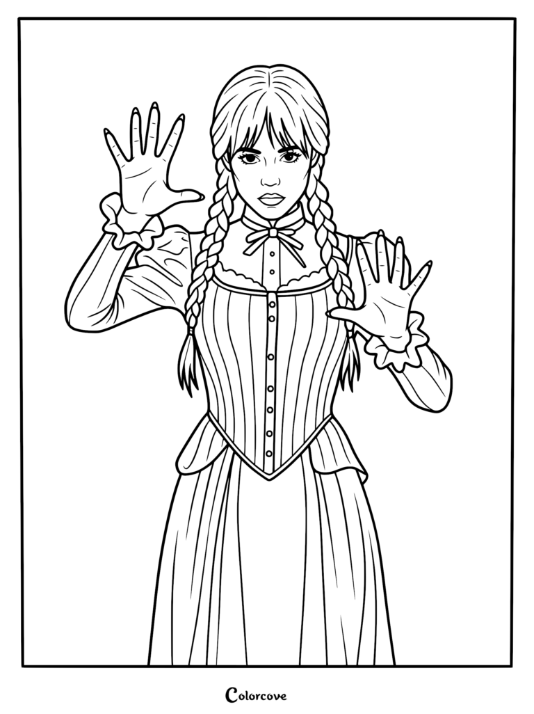 A detailed line art coloring page featuring Wednesday Addams with her signature braided hair, wearing a Victorian-style striped dress, holding her hands up as if experiencing a psychic vision.