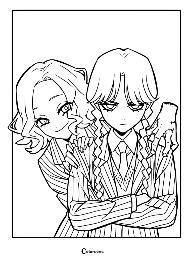 A printable coloring page featuring Wednesday Addams with her arms crossed, Enid Sinclair leaning over her shoulder, and Thing resting on Wednesday's shoulder.
