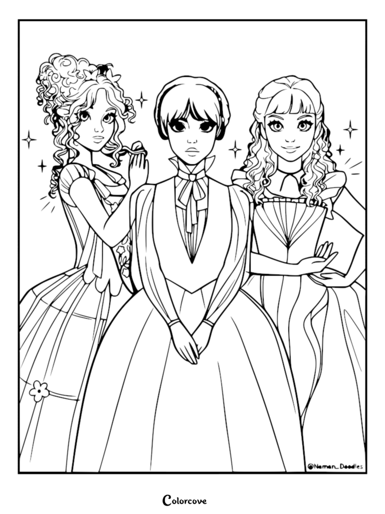 A printable coloring page featuring Wednesday Addams in her signature dark dress standing between Enid Sinclair and Agnes Demille, all dressed in elegant historical gowns with sparkling star accents in the background.