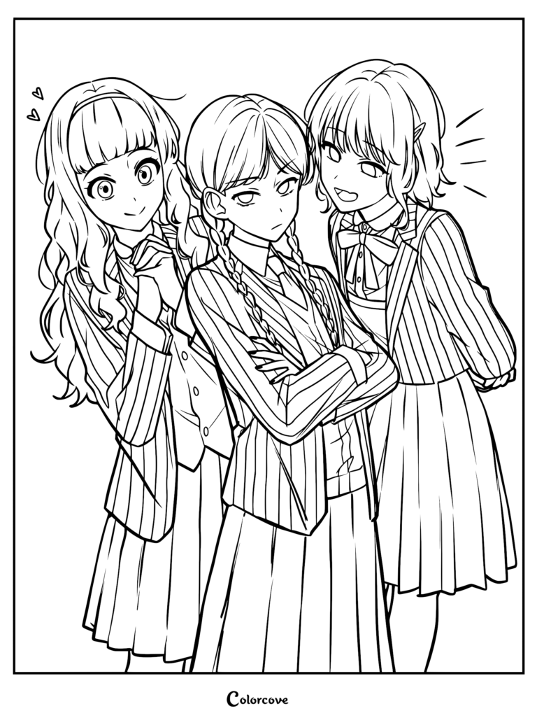 Anime-style coloring page featuring Wednesday Addams with braided hair standing between Enid Sinclair and Agnes Demille in their Nevermore Academy uniforms.