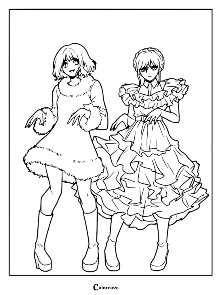 A printable coloring page featuring Wednesday Addams in her ruffled Nevermore dance dress standing next to Enid Sinclair in a fuzzy winter outfit.