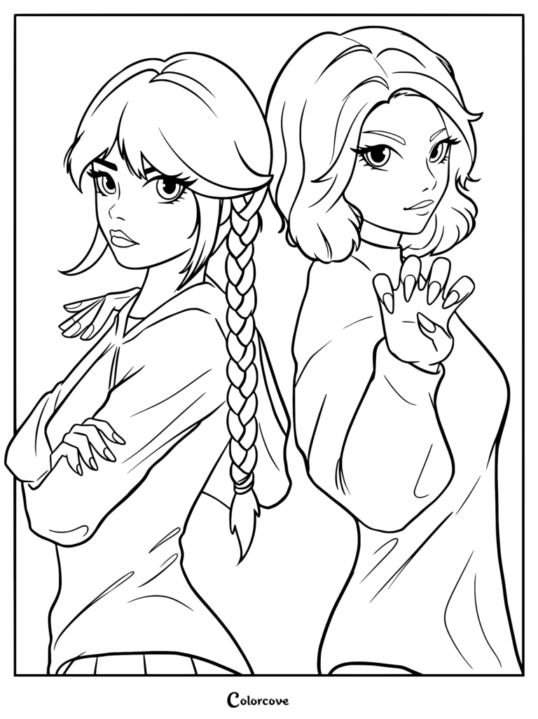 A printable coloring page featuring Wednesday Addams with her signature braids and Enid Sinclair with clawed hands standing back-to-back in an anime-inspired art style.