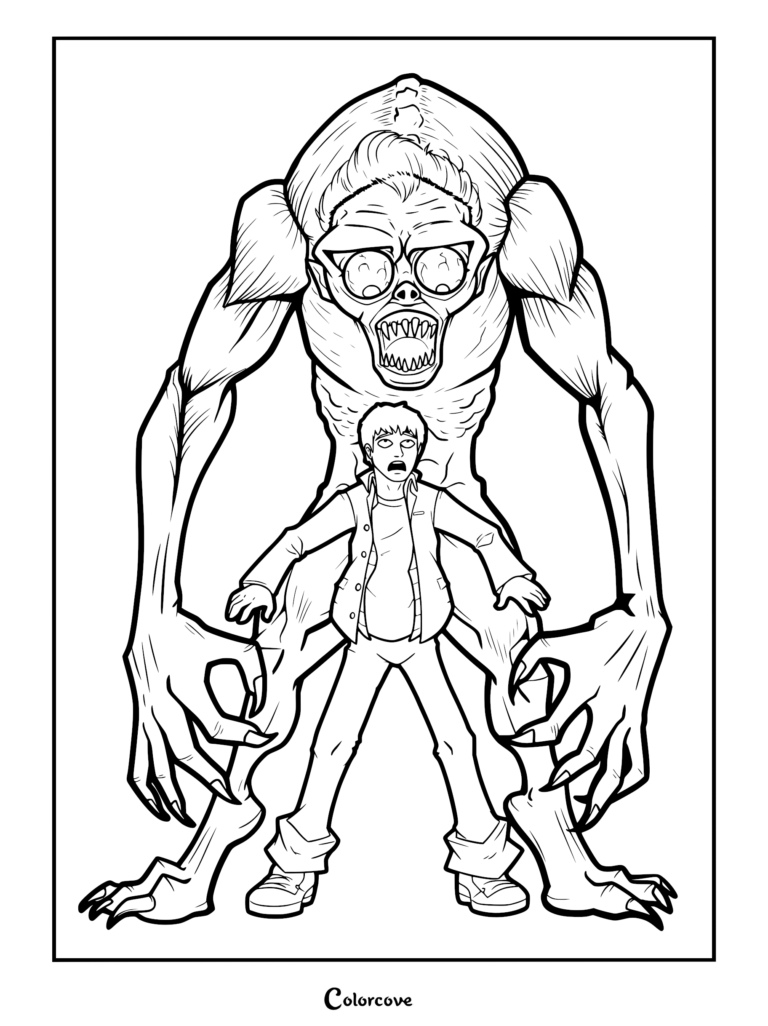A printable coloring page featuring Tyler Galpin standing in front of the terrifying Hyde monster with sharp claws and bared teeth.