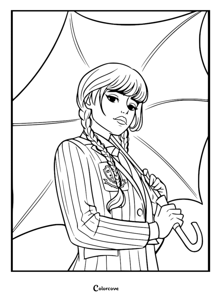 Wednesday Addams wearing her Nevermore Academy striped uniform and holding a large umbrella, printable coloring page for fans of the Netflix series.