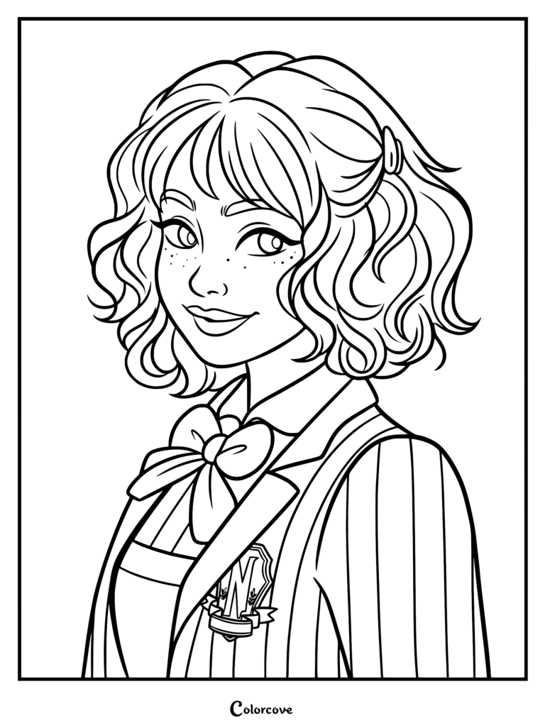 A detailed line art coloring page of Enid Sinclair from the Wednesday series, featuring her wavy hair, freckles, and Nevermore Academy uniform with the school crest.