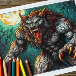 Coloring page of a fierce werewolf under a full moon with colored pencils lying nearby, perfect for Halloween art projects.