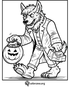 Werewolf in a trenchcoat carrying a pumpkin bucket and toolbox, ready for Halloween. Printable coloring page from colorcove.org.