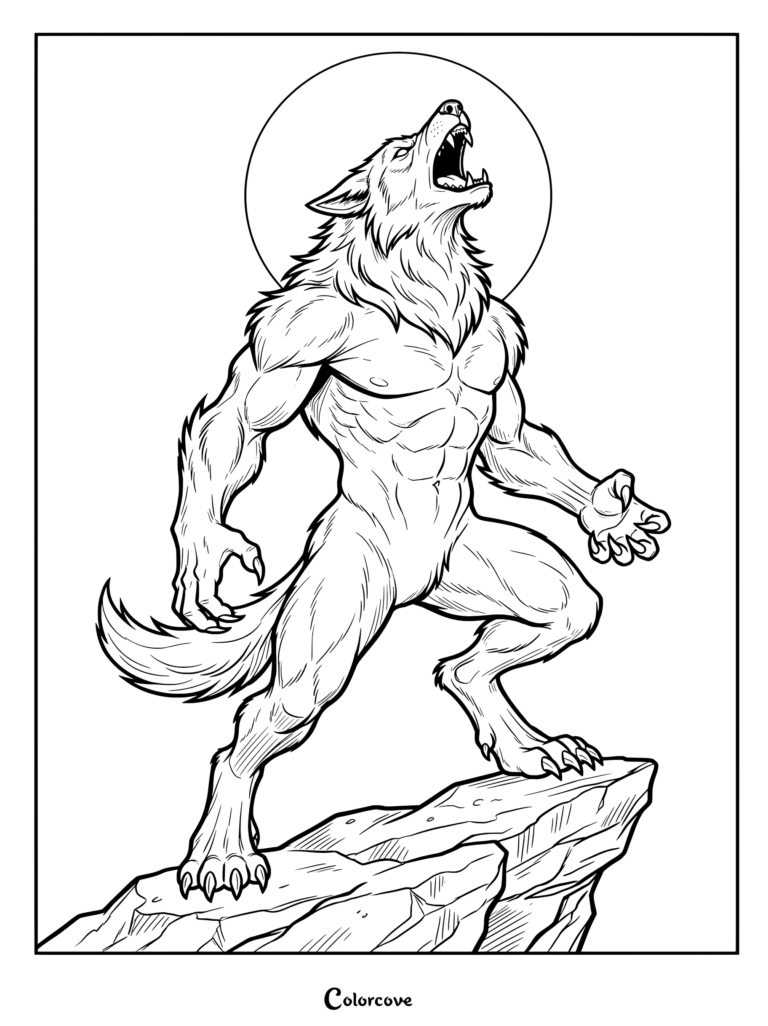 Fierce werewolf howling at the full moon on a cliff coloring page