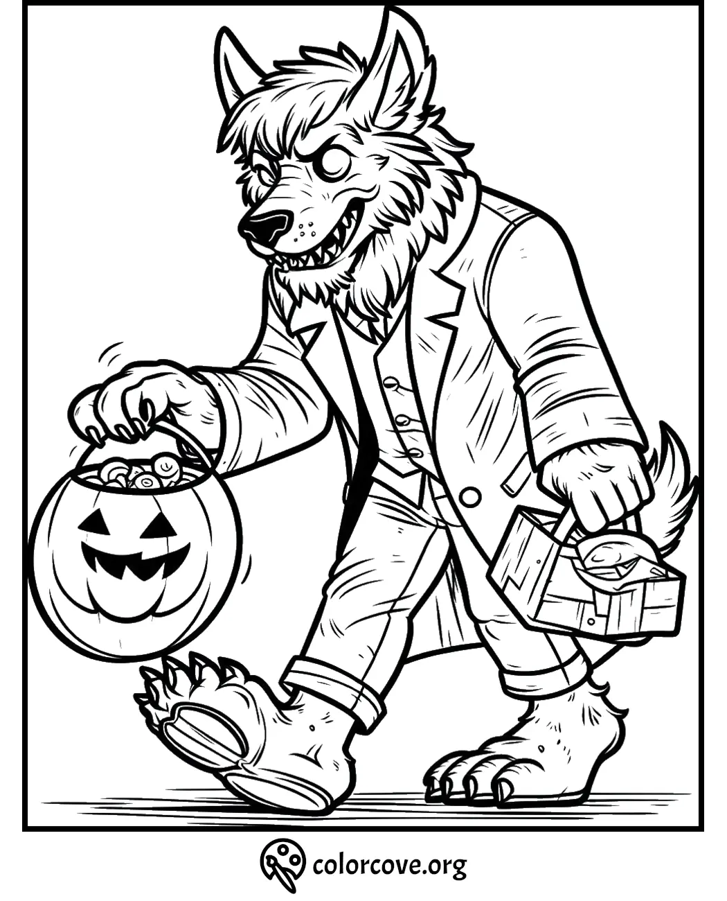 Werewolf in a trenchcoat carrying a pumpkin bucket and toolbox, ready for Halloween. Printable coloring page from colorcove.org.