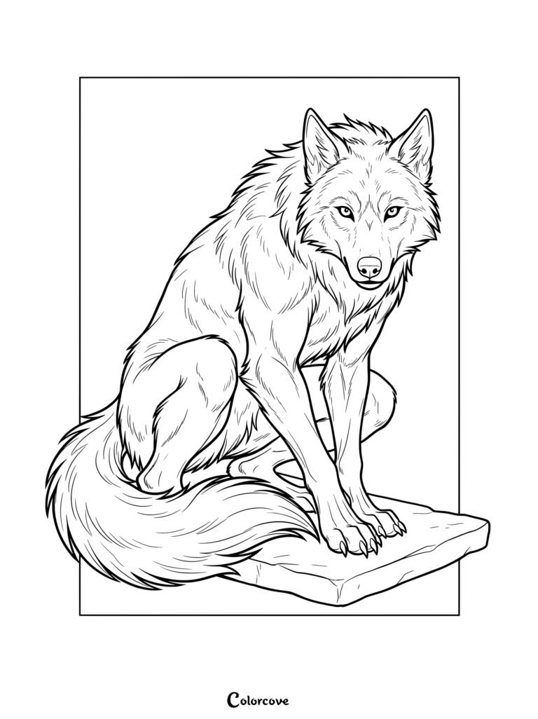 Detailed werewolf coloring page featuring a fierce beast crouching on a stone platform.