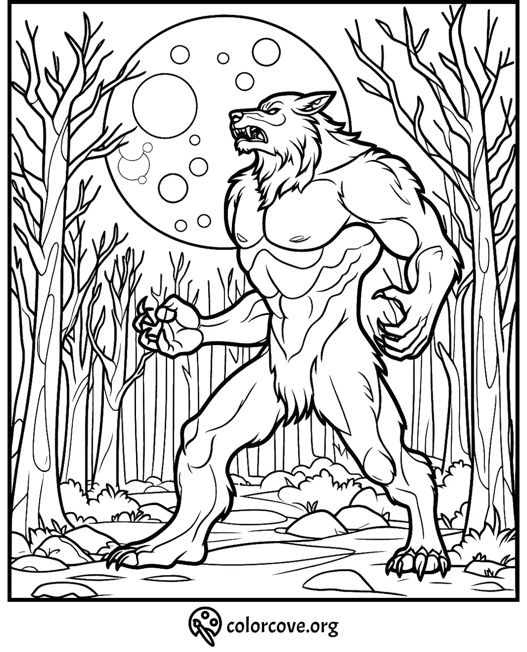 Werewolf coloring page with a full moon and spooky forest background, perfect for Halloween-themed activities.