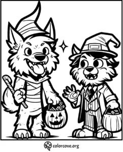Two cute dog characters in Halloween costumes holding trick-or-treat baskets, ready for coloring.