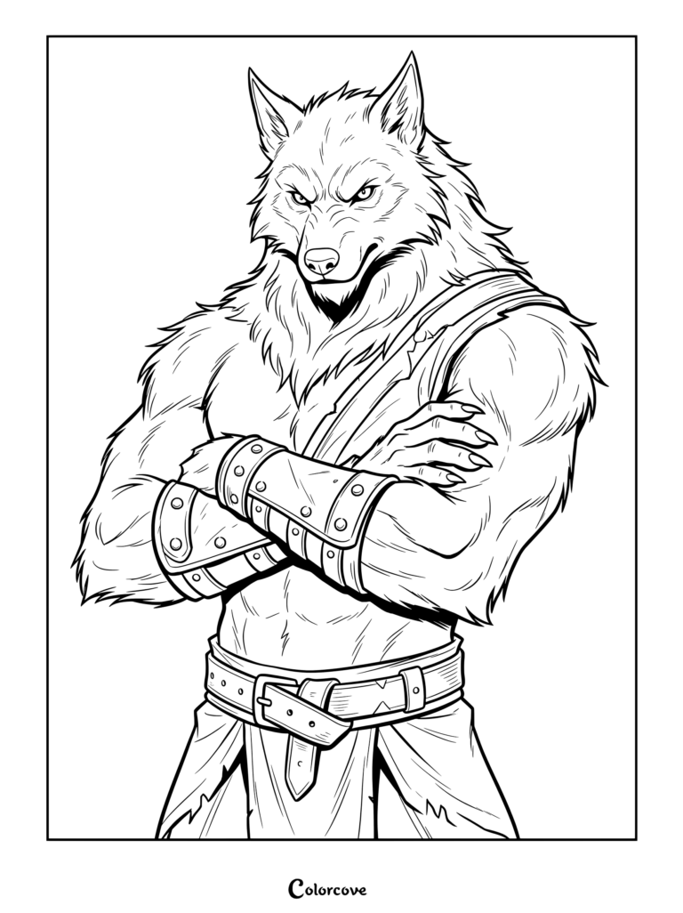 A muscular werewolf coloring page featuring a fierce warrior with crossed arms, bracers, and a belt.