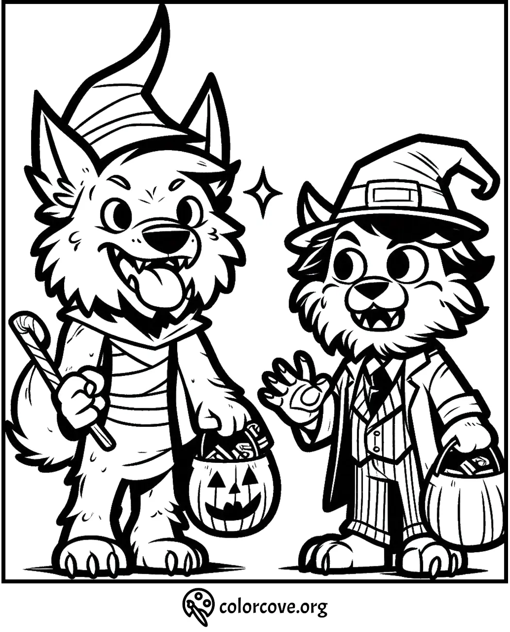 Two cute dog characters in Halloween costumes holding trick-or-treat baskets, ready for coloring.