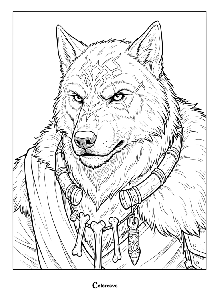 Printable werewolf coloring page featuring a fierce warrior beast with facial markings and a bone necklace.