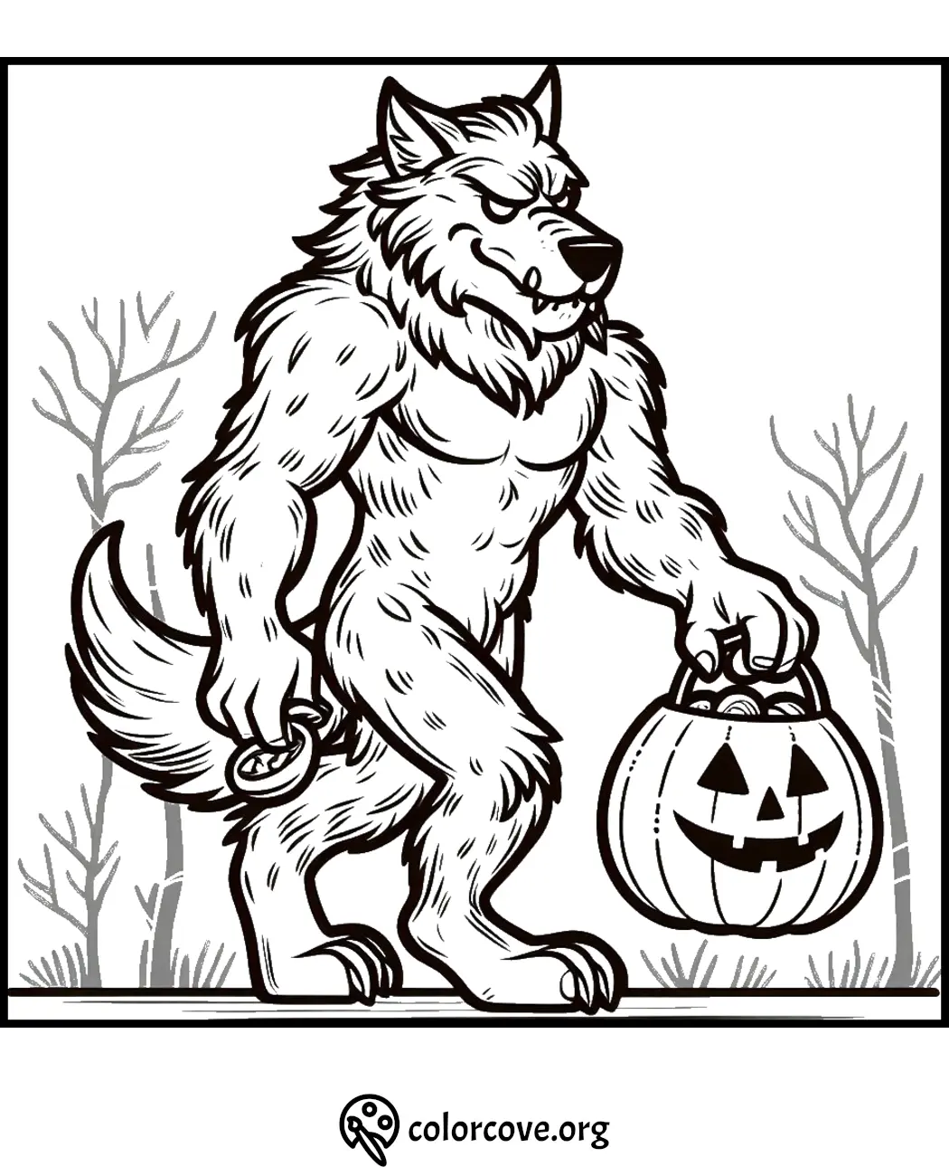 Werewolf Halloween coloring page featuring a muscular werewolf carrying a jack-o'-lantern candy bucket. Printable for kids.