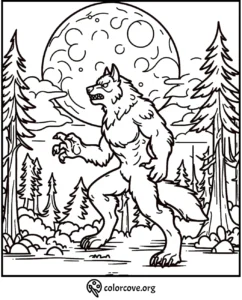 Werewolf coloring page with moonlit forest backdrop, trees, and clouds, available at colorcove.org. Perfect for Halloween fun.