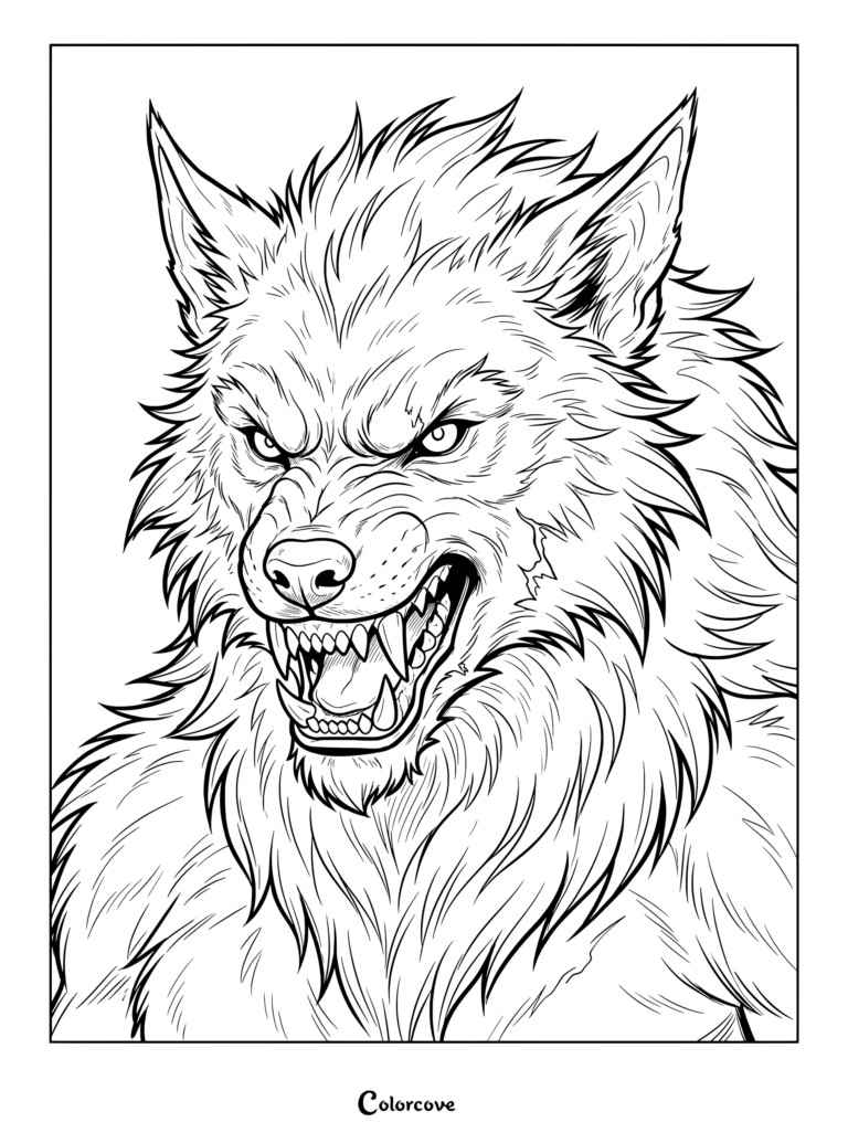 Detailed werewolf coloring page showing a ferocious creature with bared teeth and thick fur.