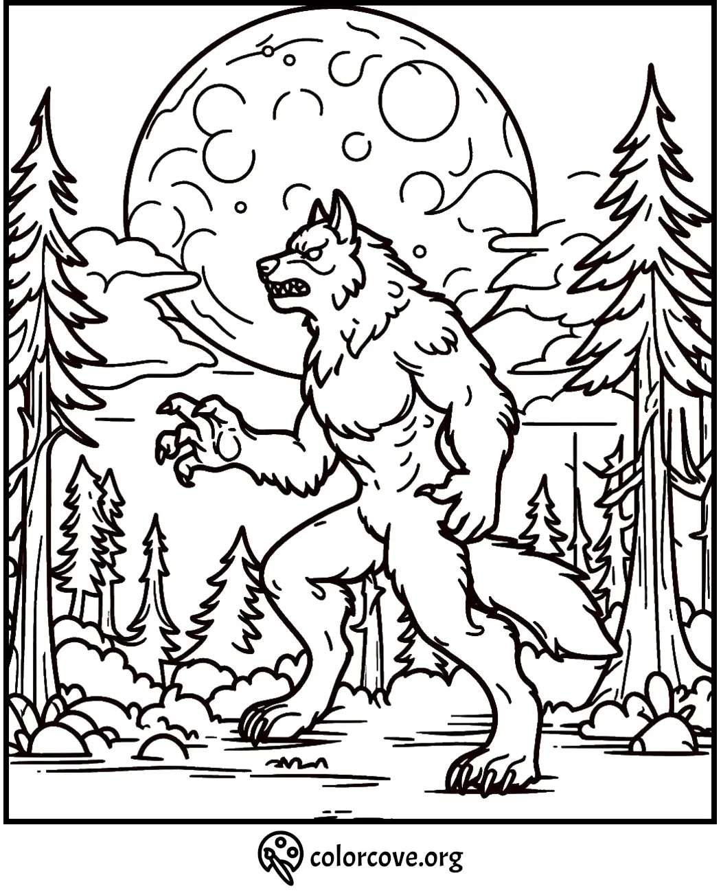 Werewolf coloring page with moonlit forest backdrop, trees, and clouds, available at colorcove.org. Perfect for Halloween fun.