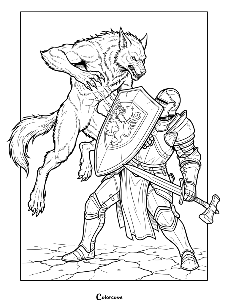 Werewolf coloring page featuring a fierce beast scratching a knight's shield.