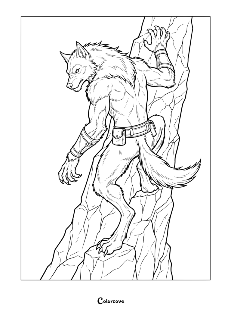 Detailed werewolf coloring page featuring a fierce creature climbing a rocky cliff wearing wristbands and a utility belt.