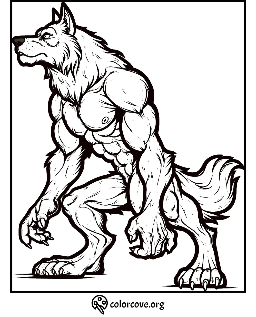 Coloring page featuring a muscular werewolf in a dynamic pose. Perfect for kids and adults who enjoy fantasy and mythical creatures.