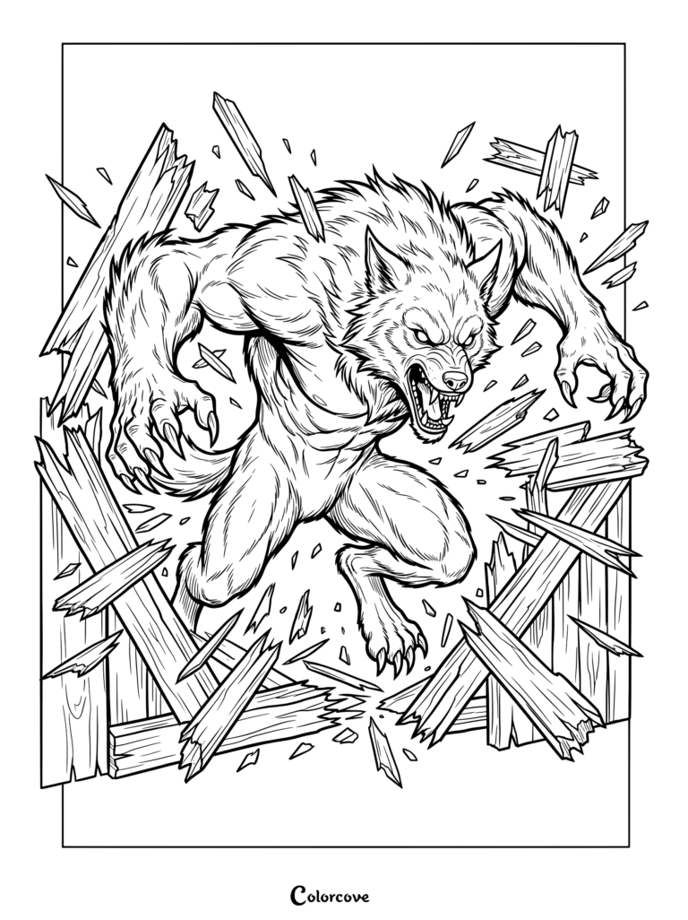 A ferocious werewolf bursting through a shattered wooden wall for a printable coloring page.