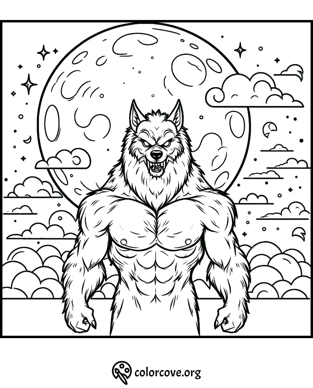 Muscular werewolf in front of a full moon and clouds coloring page. Download and print at colorcove.org for free.