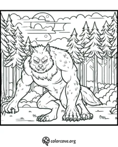 Werewolf coloring page featuring a fierce werewolf in a forest under a cloudy sky. Perfect for kids' Halloween fun!