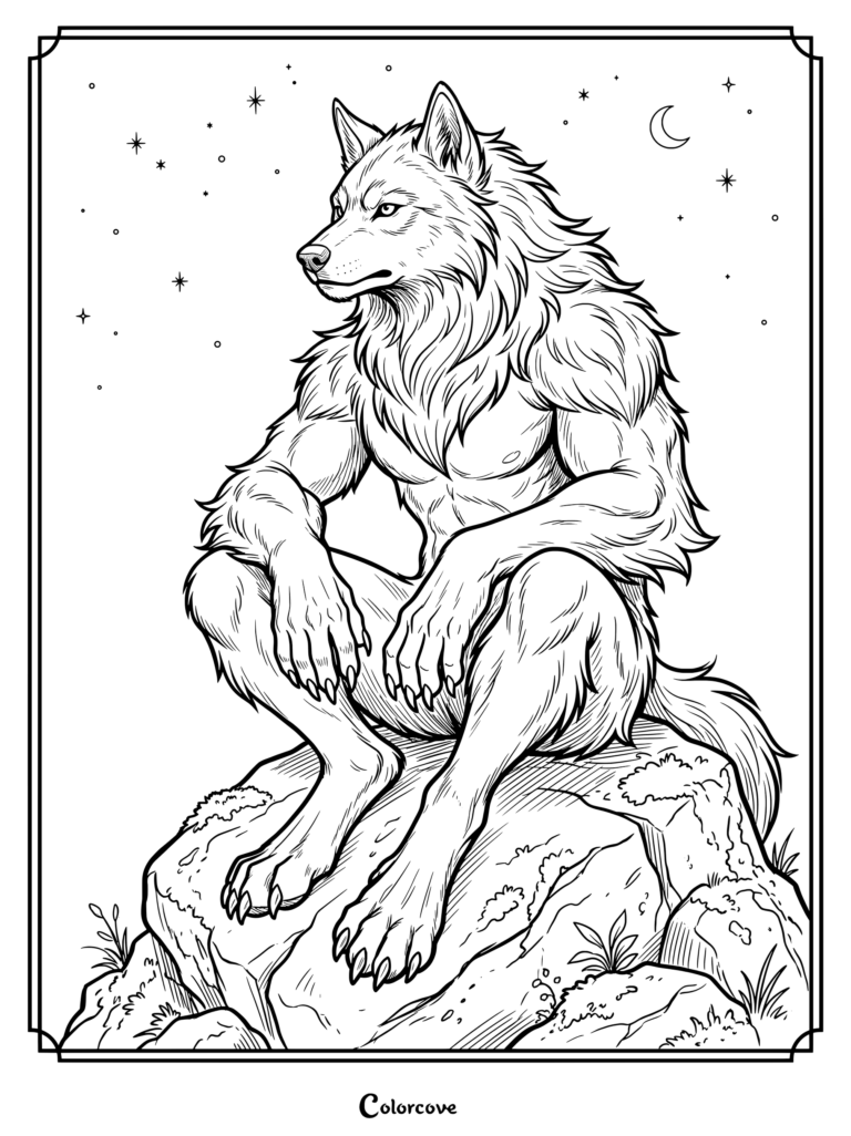 A majestic werewolf sitting on a mossy rock under a starry night sky coloring page.