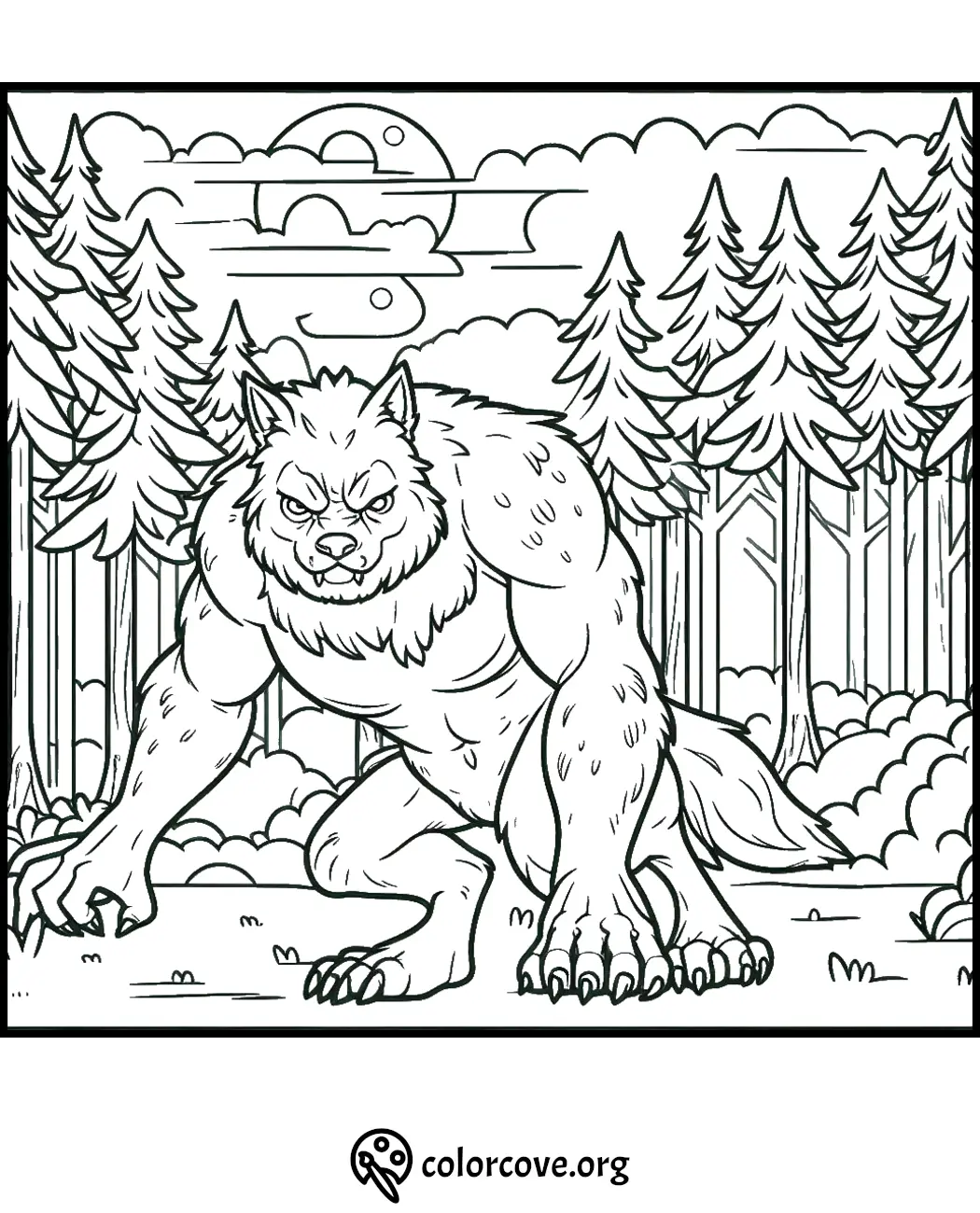 Werewolf coloring page featuring a fierce werewolf in a forest under a cloudy sky. Perfect for kids' Halloween fun!