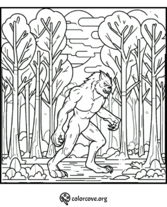 Coloring page of a werewolf walking through a forest under a cloudy sky, perfect for kids and adults to color.