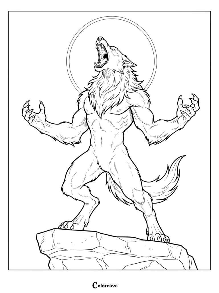 Fierce werewolf howling at a full moon coloring page