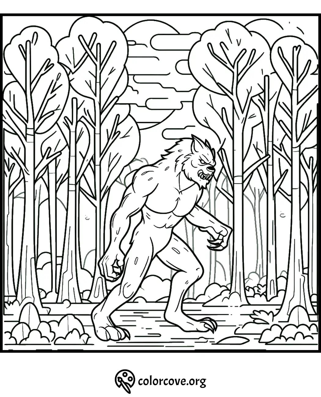 Coloring page of a werewolf walking through a forest under a cloudy sky, perfect for kids and adults to color.