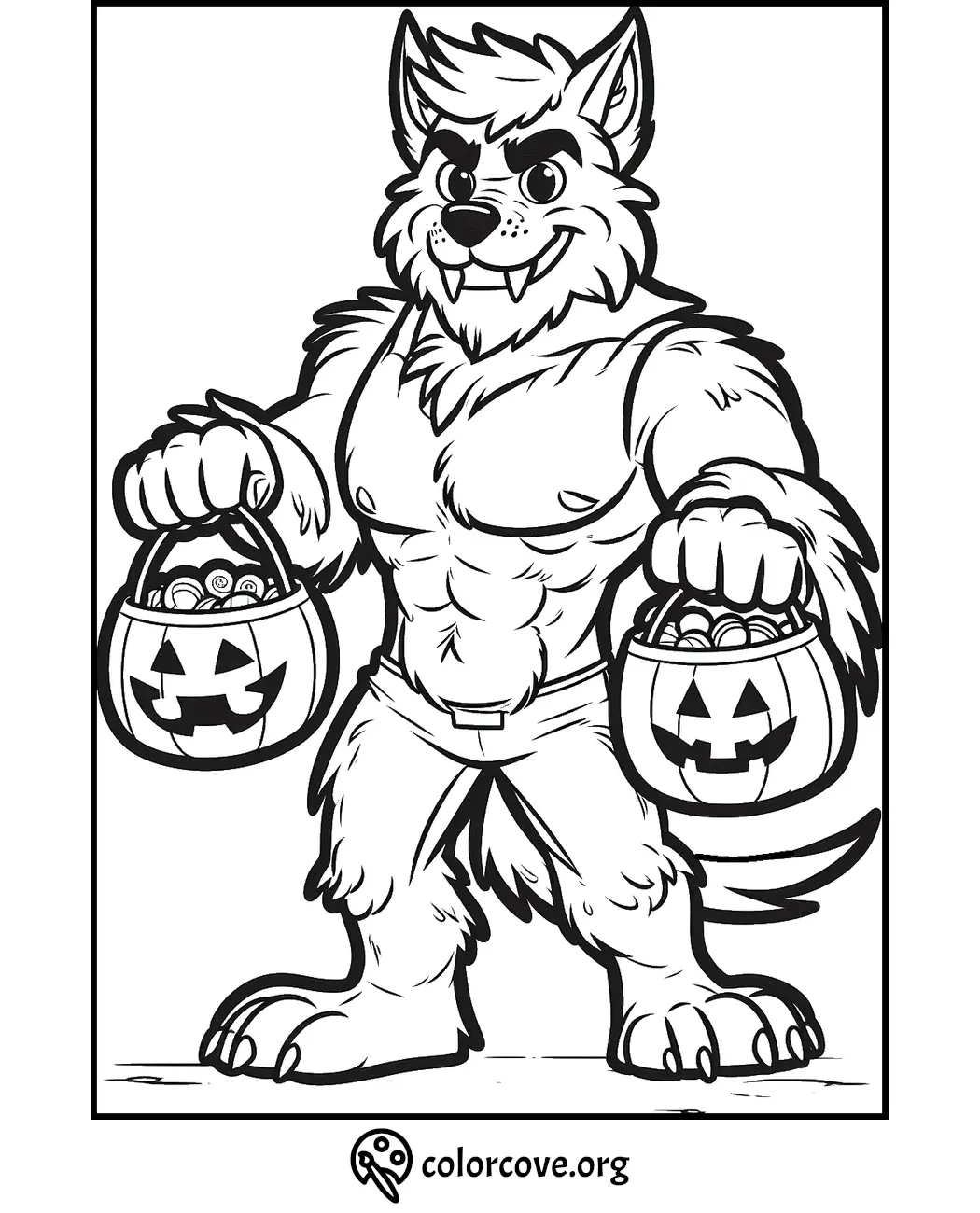 Halloween werewolf coloring page holding two candy-filled pumpkin buckets. Printable spooky fun for kids and adults.