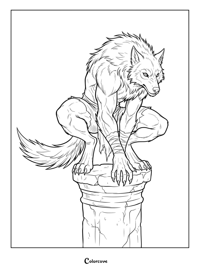 Fierce werewolf coloring page depicting a creature crouching on a stone pillar with bandaged wrists.