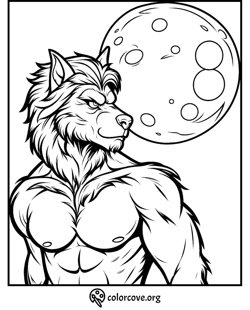 Werewolf coloring page featuring a muscular wolfman under a full moon. Download and print this free werewolf illustration.