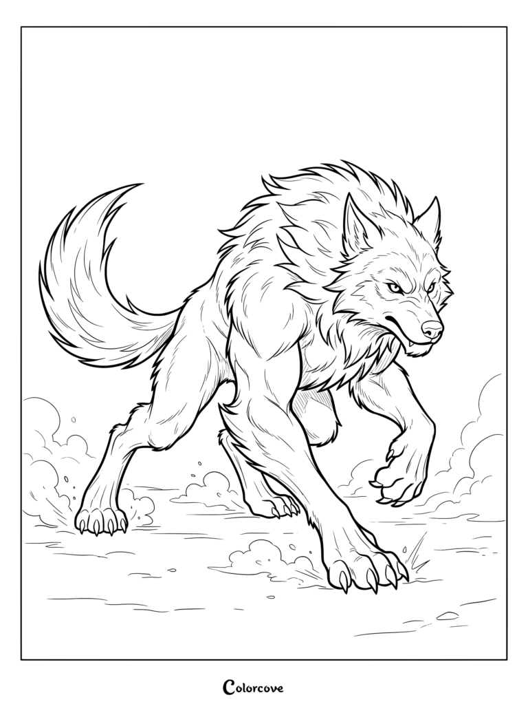A detailed werewolf coloring page showing a ferocious beast prowling through dust clouds.