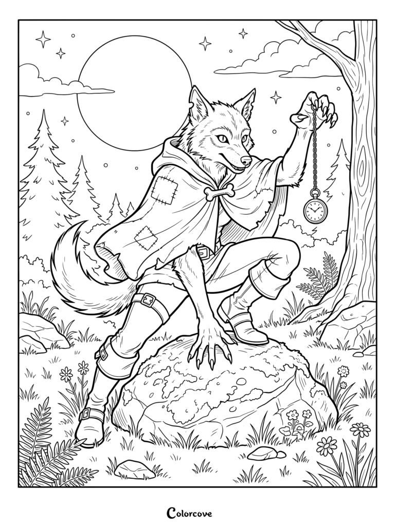 Detailed werewolf coloring page featuring a creature in a hooded cloak holding a pocket watch on a rock under a full moon.