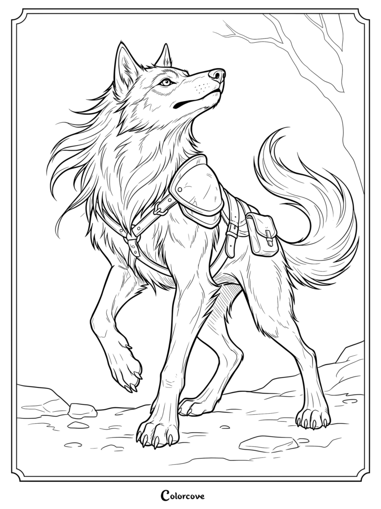 Werewolf coloring page featuring an armored beast with a shoulder guard and pouch standing alert outdoors.