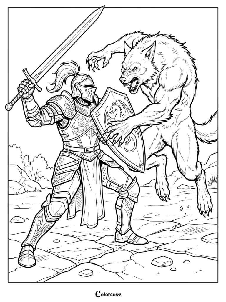 Knight in armor battling a fierce werewolf coloring page