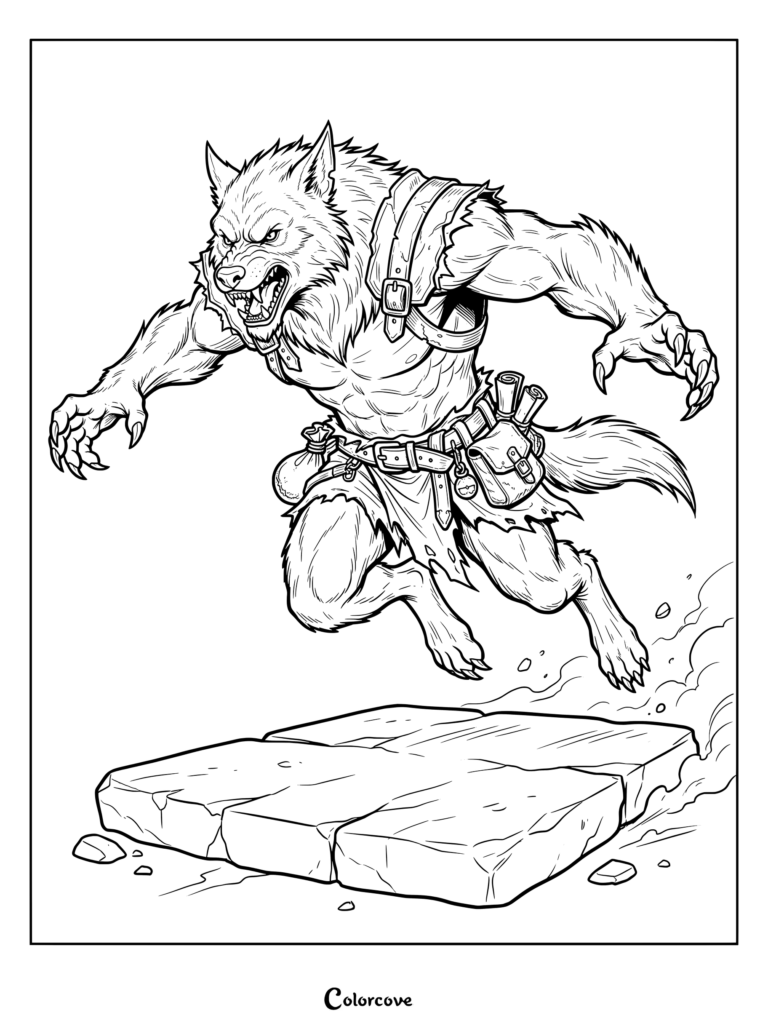 Werewolf coloring page featuring a leaping beast in tactical gear.