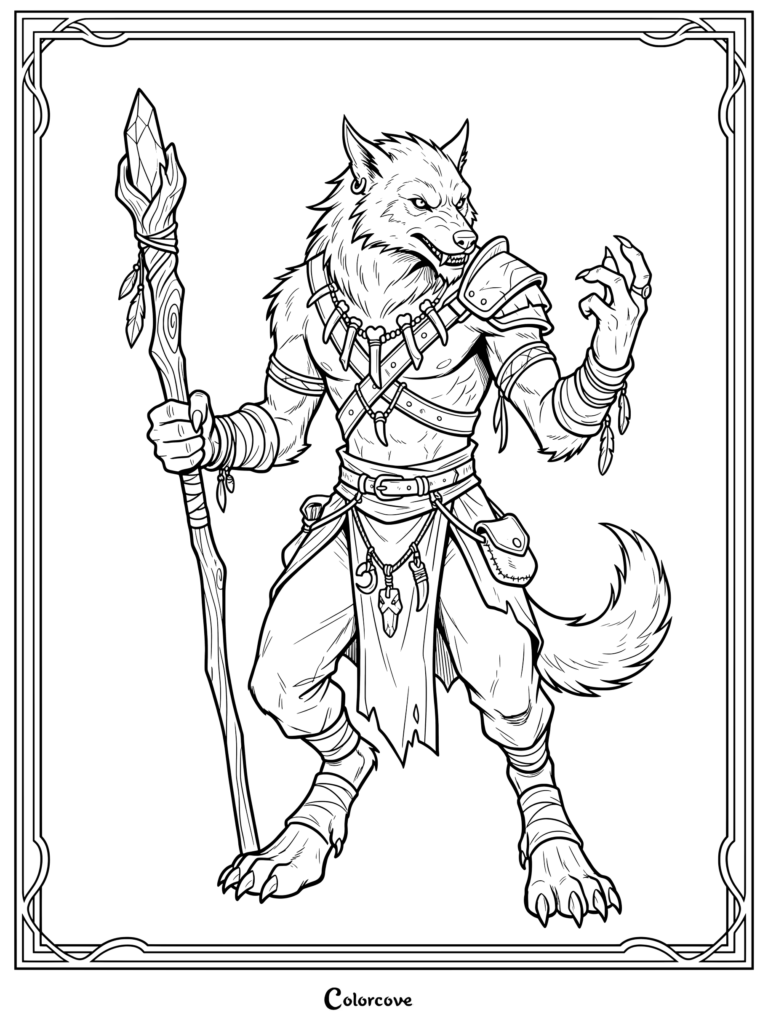 Werewolf warrior holding a crystal staff and wearing tribal armor in a coloring page.