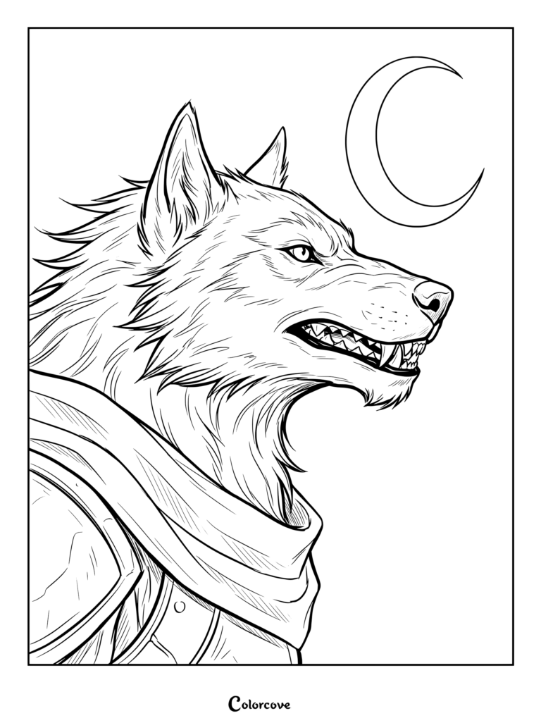A detailed coloring page of a fierce werewolf snarling in profile beneath a crescent moon.