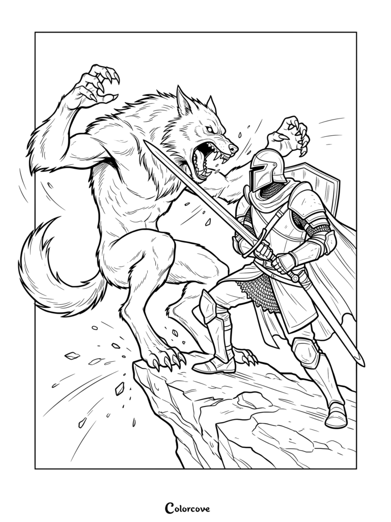 Werewolf coloring page featuring a fierce monster battling an armored knight on a cliffside.