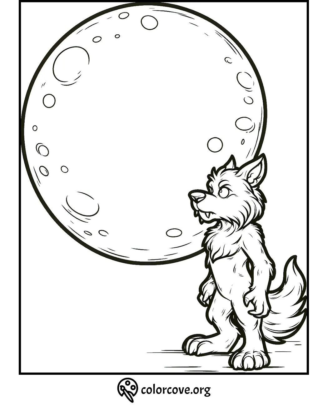 Cartoon werewolf looking at the full moon coloring page perfect for kids and Halloween-themed activities.