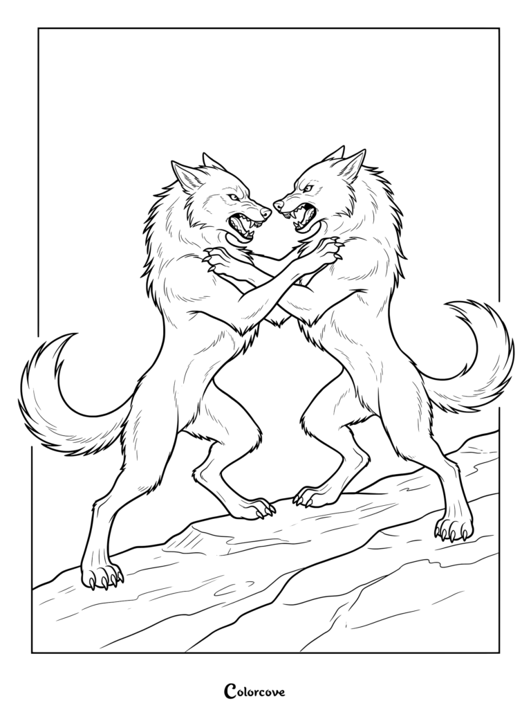 Two snarling werewolves fighting on a rocky terrain in this detailed coloring page.