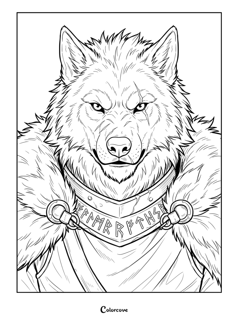 A fierce scarred werewolf wearing rune-inscribed armor for a coloring page.