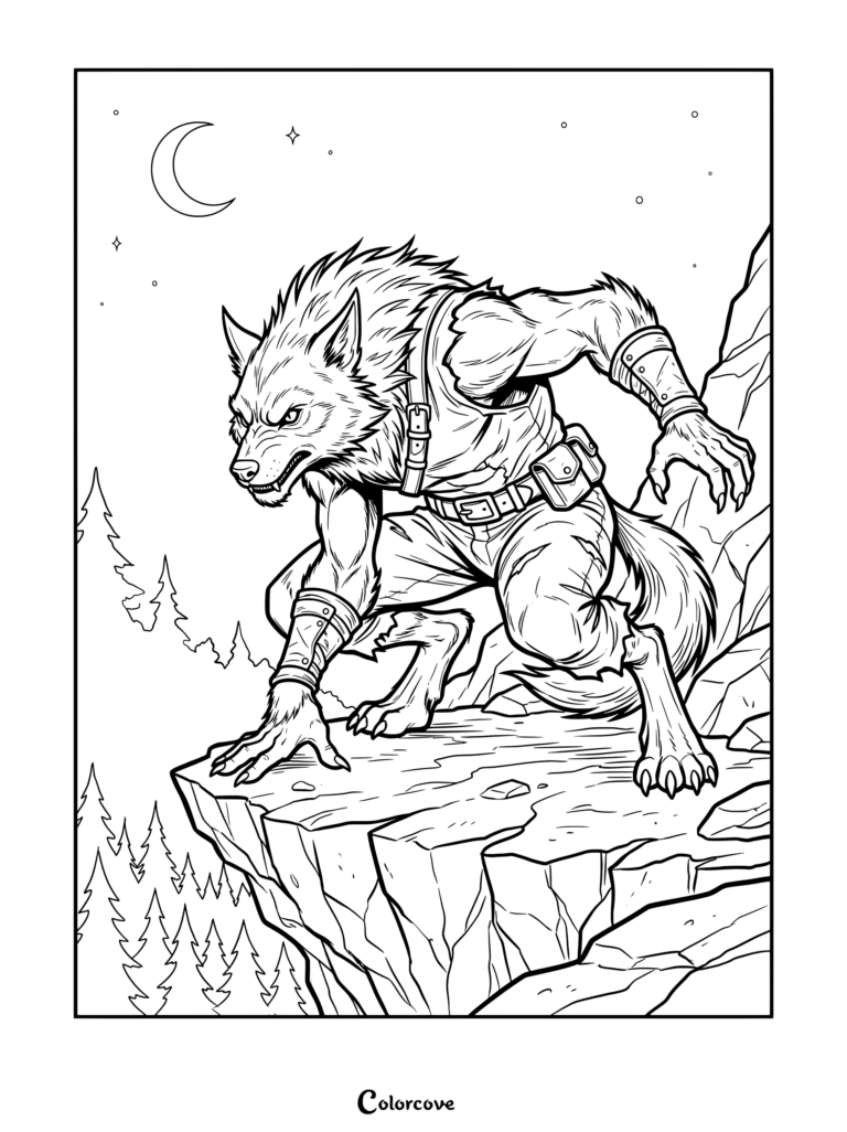 A detailed werewolf coloring page showing a ferocious beast prowling on a rocky cliff under a crescent moon.
