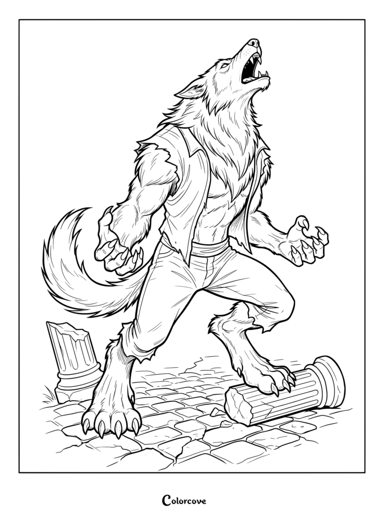 Werewolf howling at the sky while standing on broken stone pillars coloring page